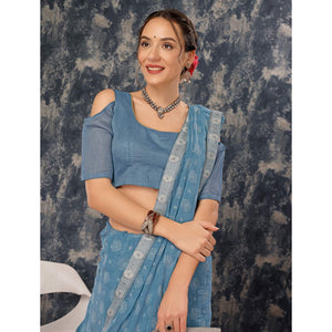 Greyish Blue Printed Chiffon Saree With Lace Border