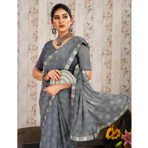 Grey Printed Chiffon Saree With Lace Border