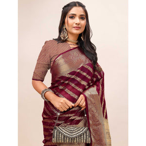 Maroon Woven Organza Saree With Tassels