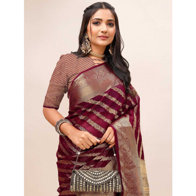 Maroon Woven Organza Saree With Tassels