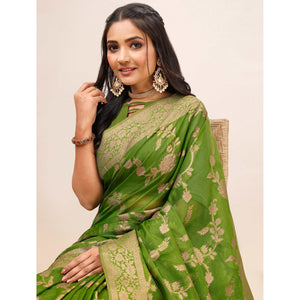 Mehendi Green Woven Organza Saree With Tassels