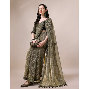 Mehendi Green Floral Printed Rayon Saree