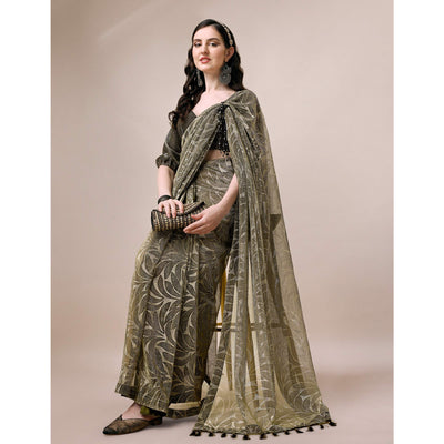 Mehendi Green Floral Printed Rayon Saree