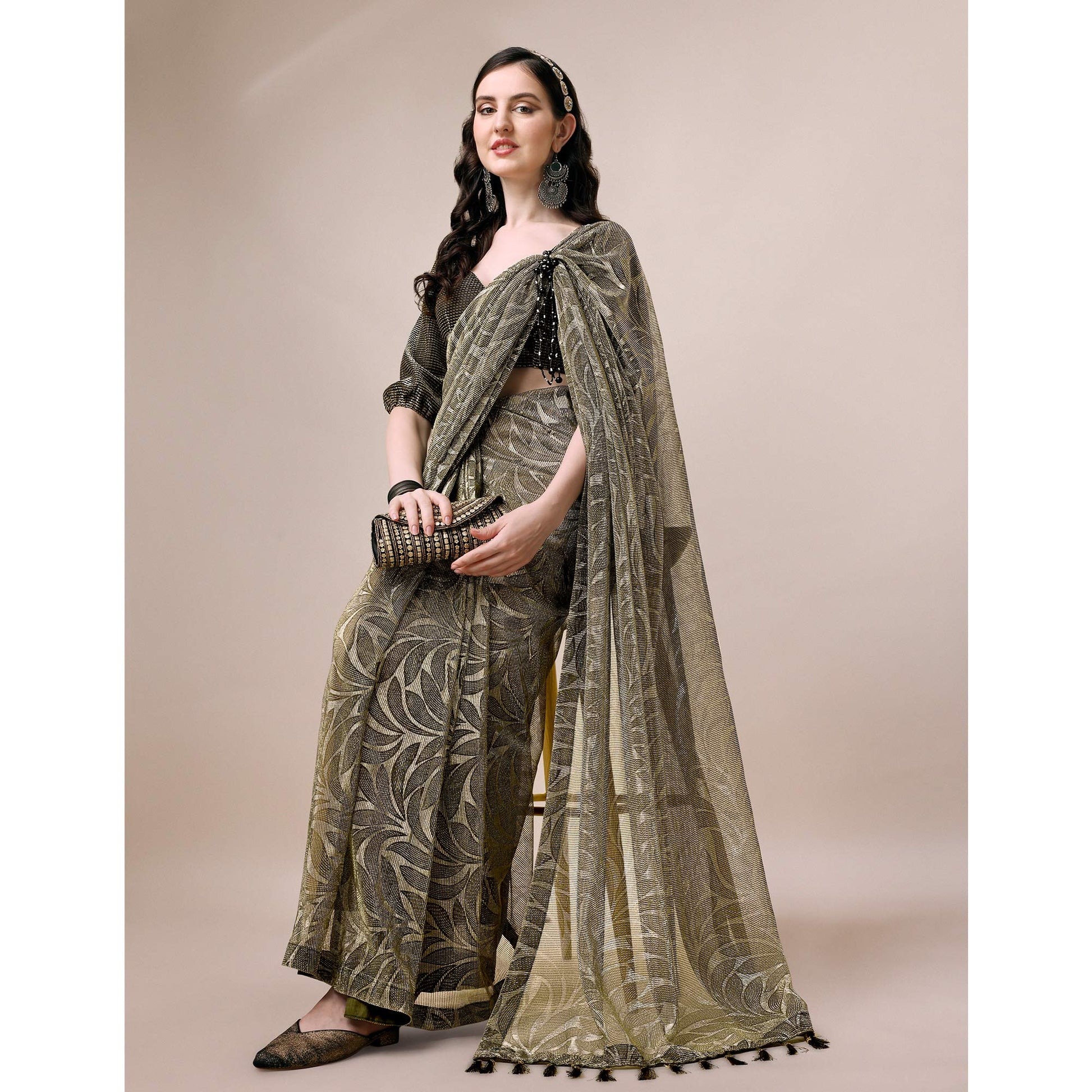 Mehendi Green Floral Printed Rayon Saree