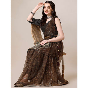 Brown Floral Printed Rayon Saree