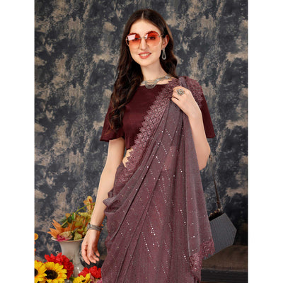 Dark Mauve Tikali With Floral Embroidered Lycra Saree