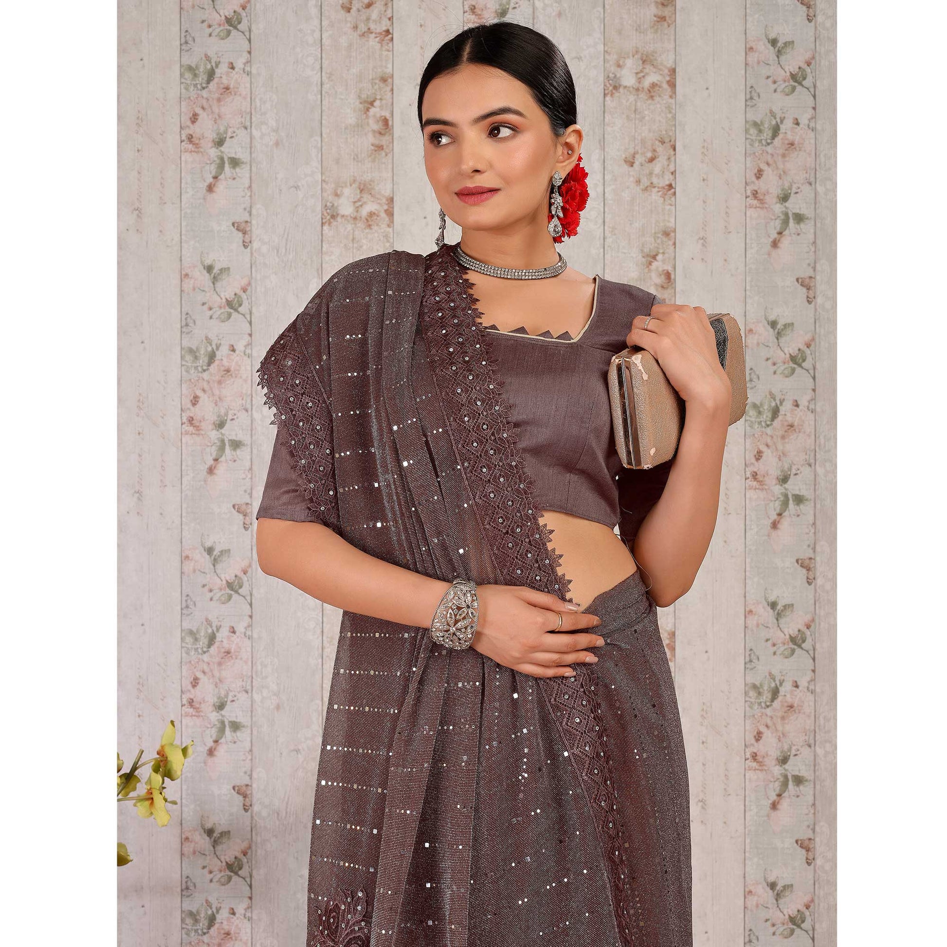 Brown Tikali With Floral Embroidered Lycra Saree