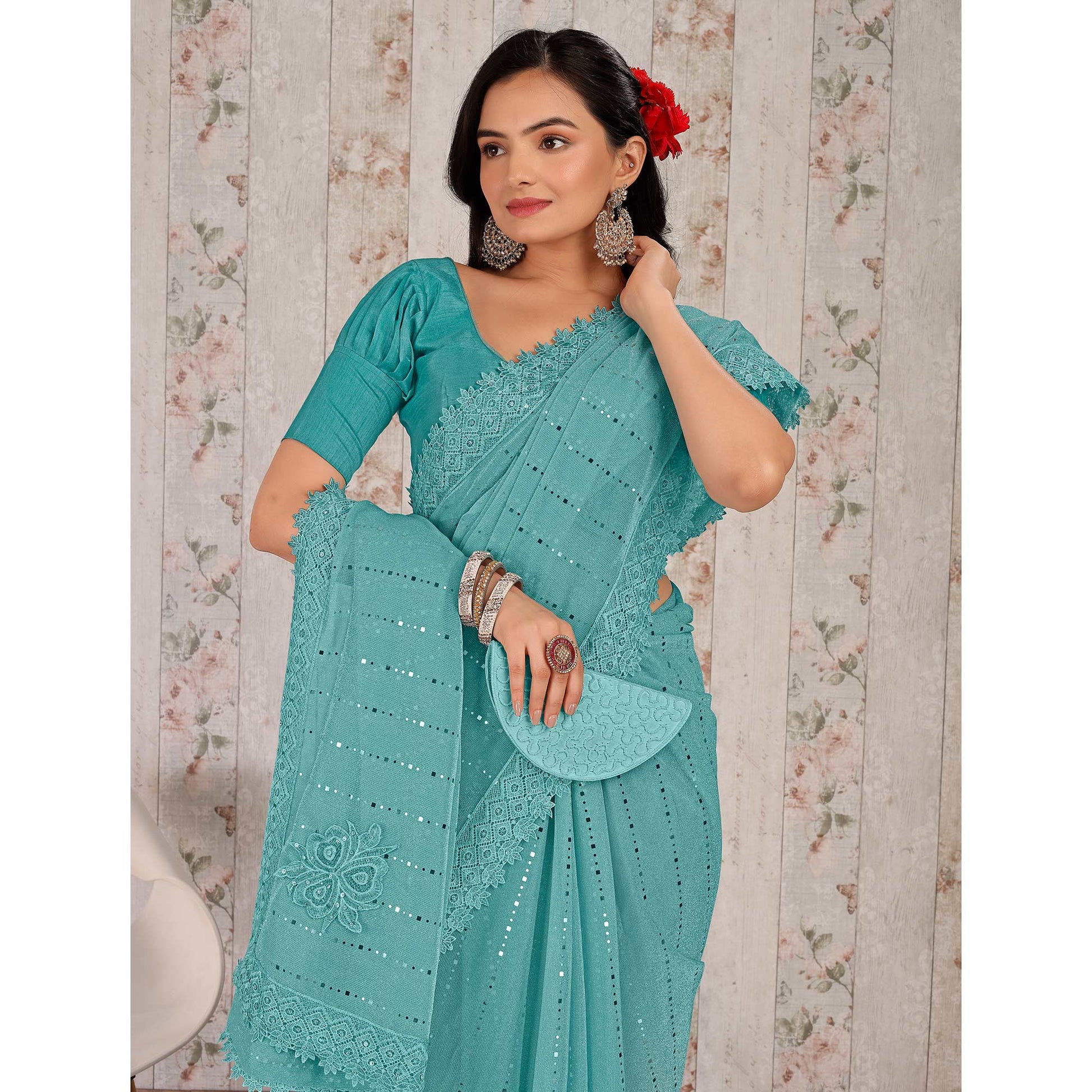 Blue Tikali With Floral Embroidered Lycra Saree