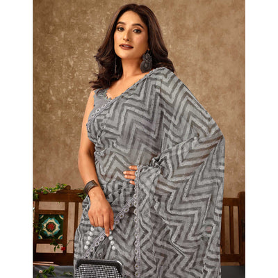 Grey Zig Zag Printed With Stone Work Organza Ready To Wear Saree
