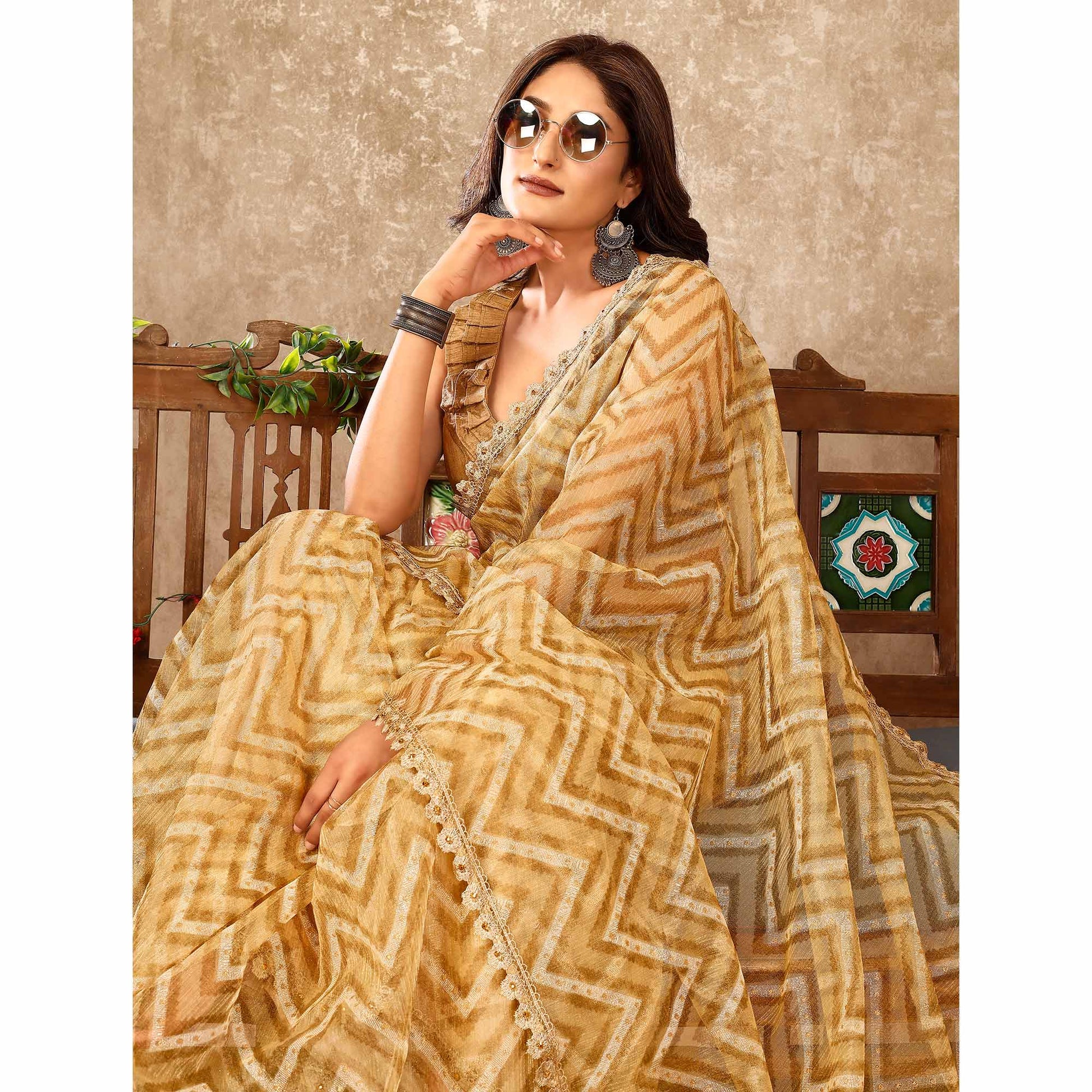 Chikoo Zig Zag Printed With Stone Work Organza Ready To Wear Saree