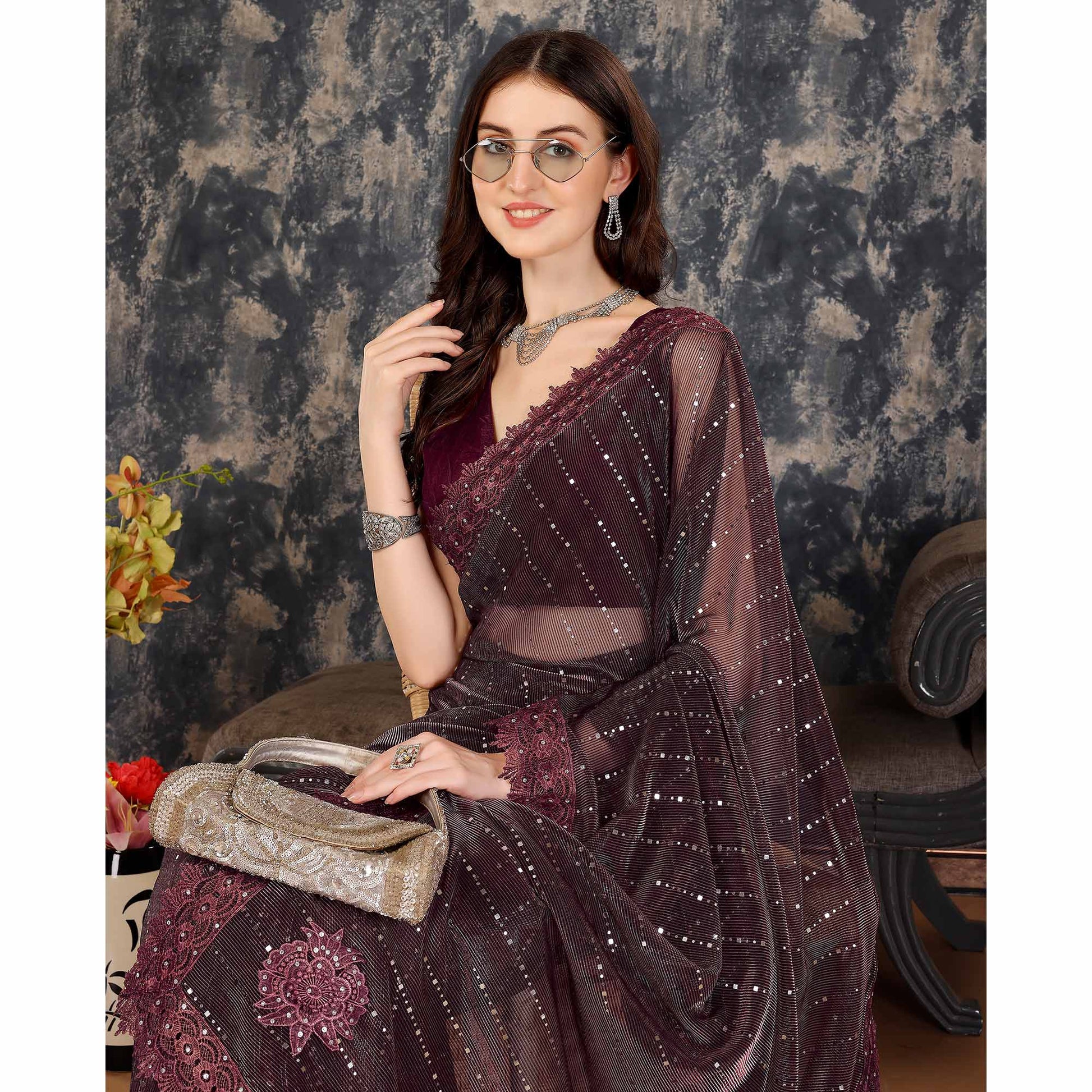 Dark Mauve Tikali Work Lycra Saree With Embroidered Lace Border