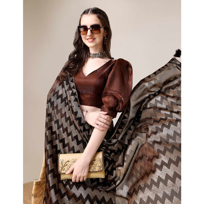 Brown Digital Foil Printed Rayon Saree