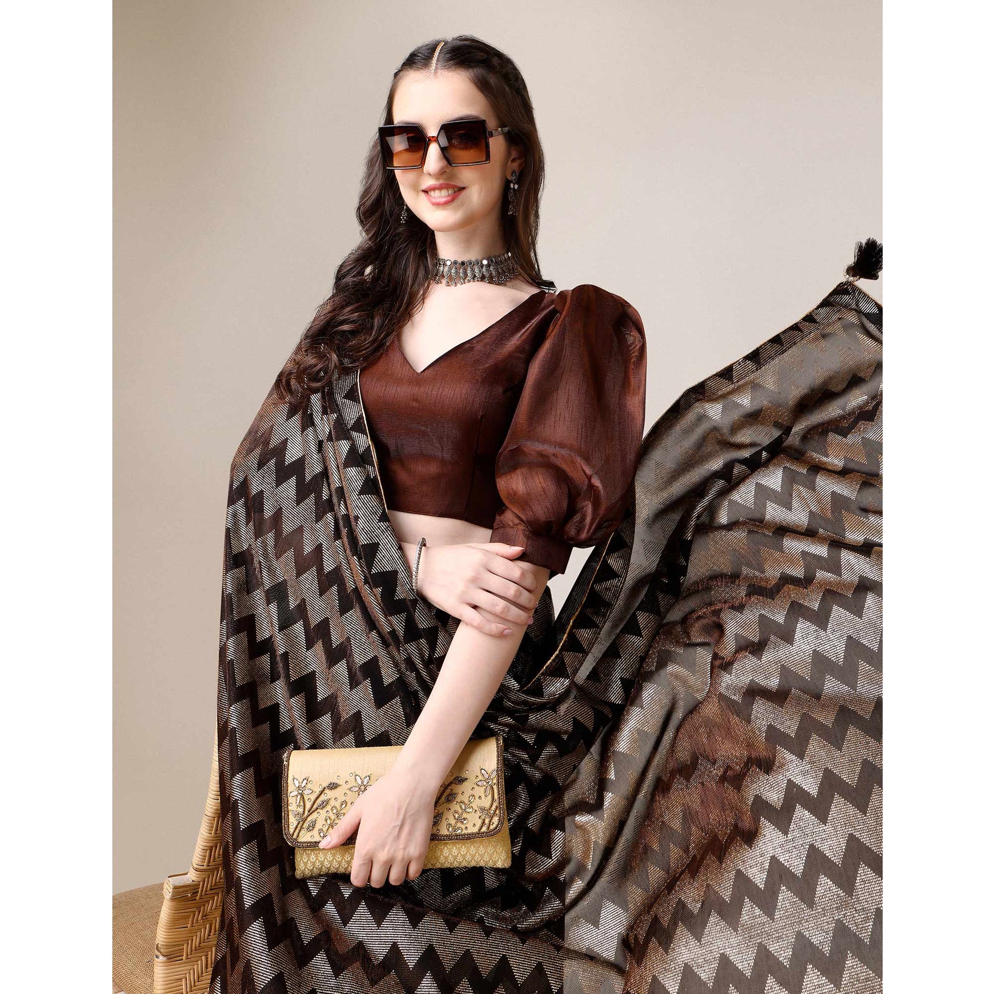 Brown Digital Foil Printed Rayon Saree