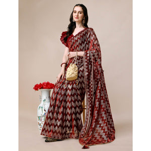 Maroon Digital Foil Printed Rayon Saree