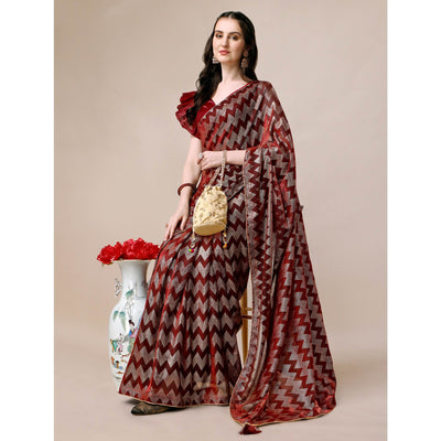 Maroon Digital Foil Printed Rayon Saree