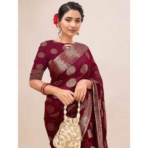 Maroon Woven Chiffon Saree With Tassels