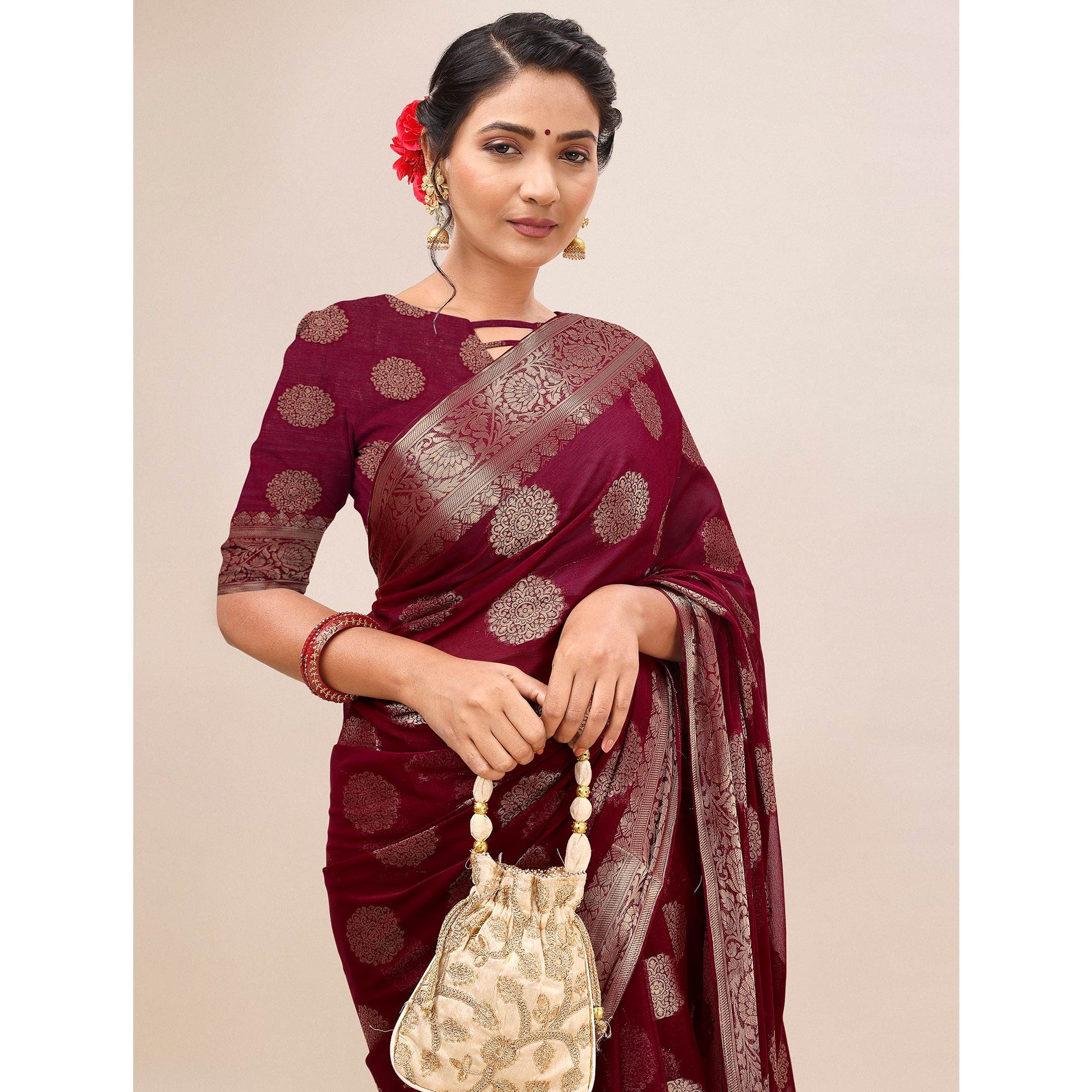 Maroon Woven Chiffon Saree With Tassels