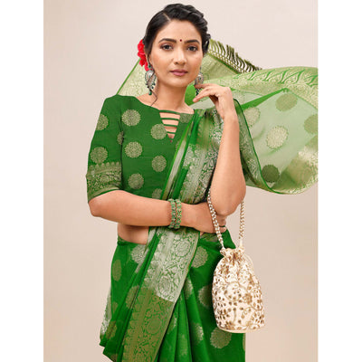 green-woven-chiffon-saree-with-tassels