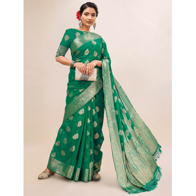green-woven-chiffon-saree-with-tassels-1