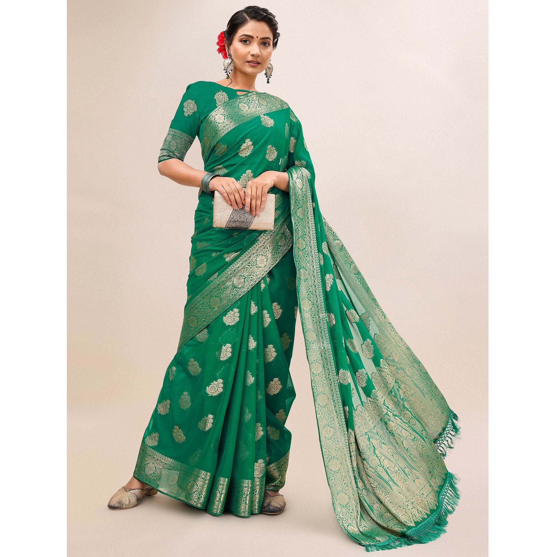 green-woven-chiffon-saree-with-tassels-1