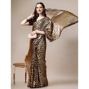 Brown & Gold Foil Printed Rayon Saree
