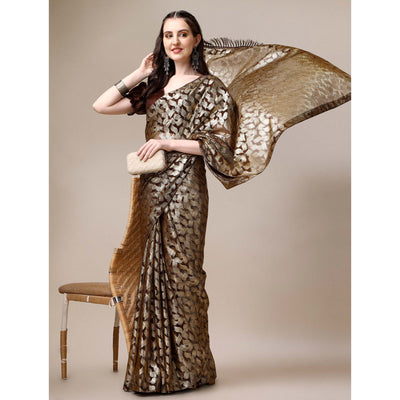 Brown & Gold Foil Printed Rayon Saree