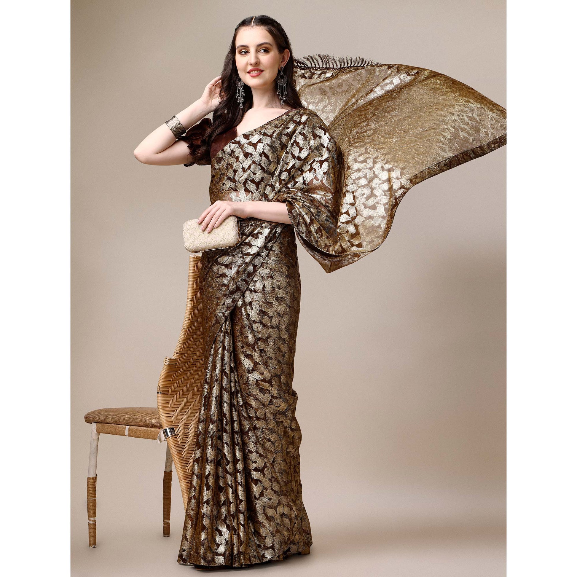Brown & Gold Foil Printed Rayon Saree
