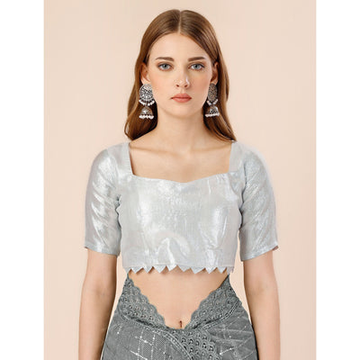 Grey Tikki Work Lycra Saree With Embroidered Border