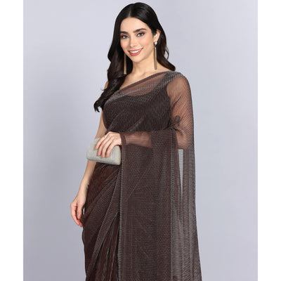 Brown Solid Lycra Crush Saree
