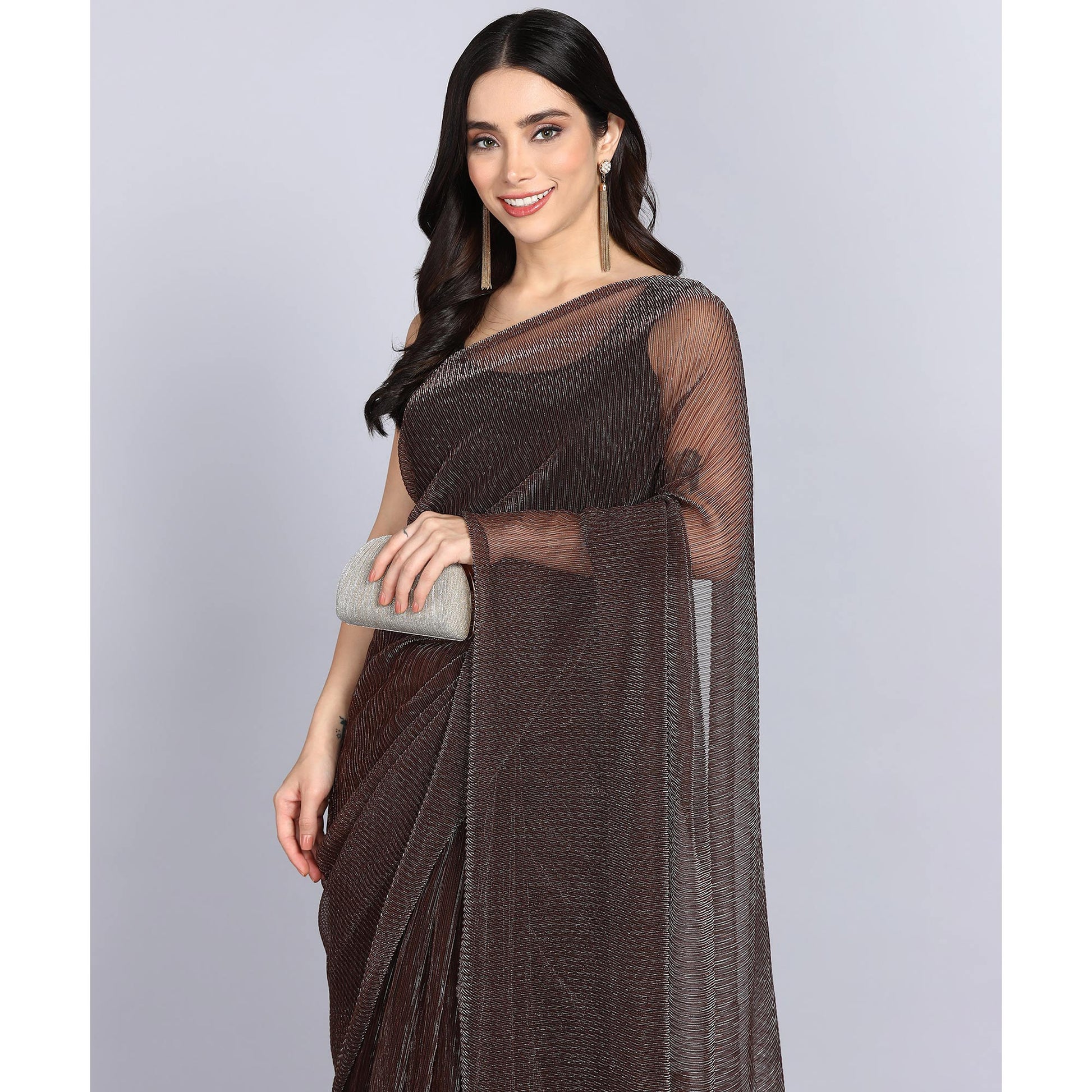 Brown Solid Lycra Crush Saree