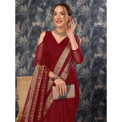 Maroon Floral Zari Woven Organza Saree