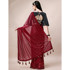 Maroon Striped Foil Printed Rayon Saree