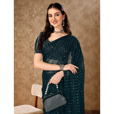 Bottle Green Tikali Work Lycra Saree With Tassels