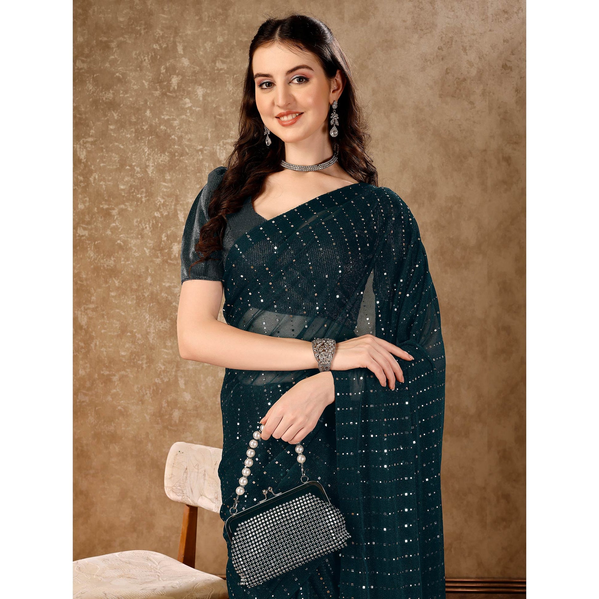 Bottle Green Tikali Work Lycra Saree With Tassels