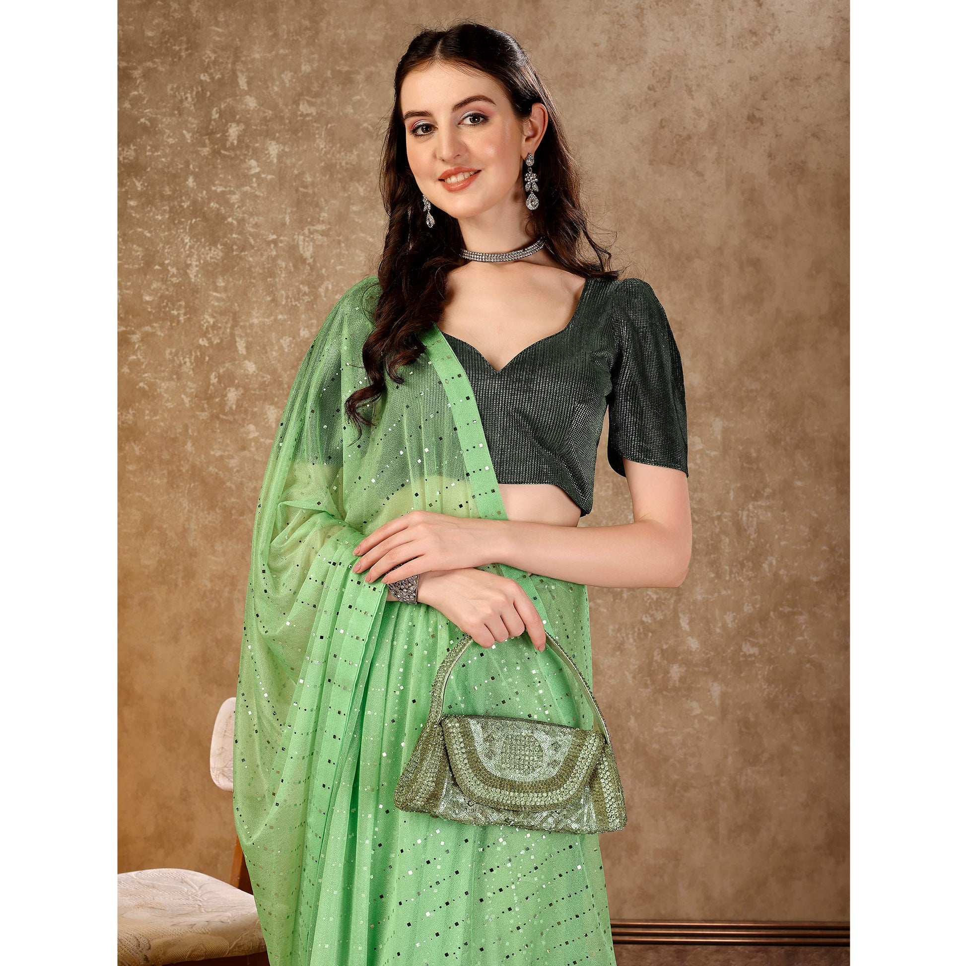 Light Green Tikali Work Lycra Saree With Tassels