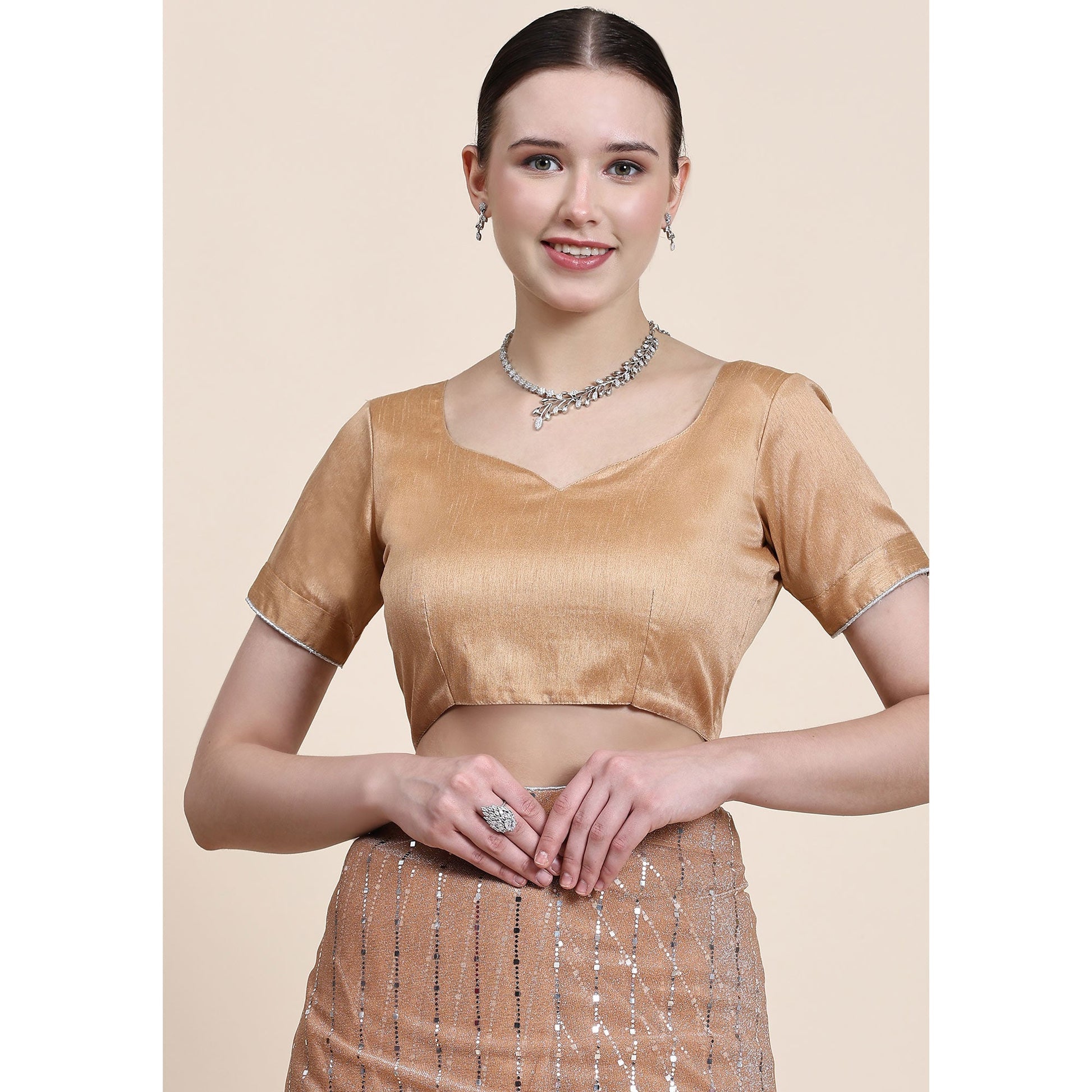 Light Peach Tikali Work Lycra Saree