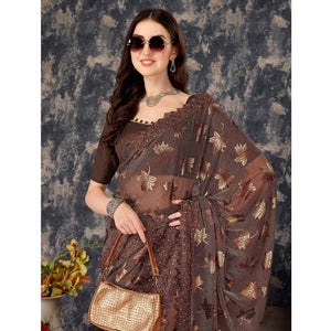 Brown Foil Printed Lycra Saree With Embroidered Lace Border