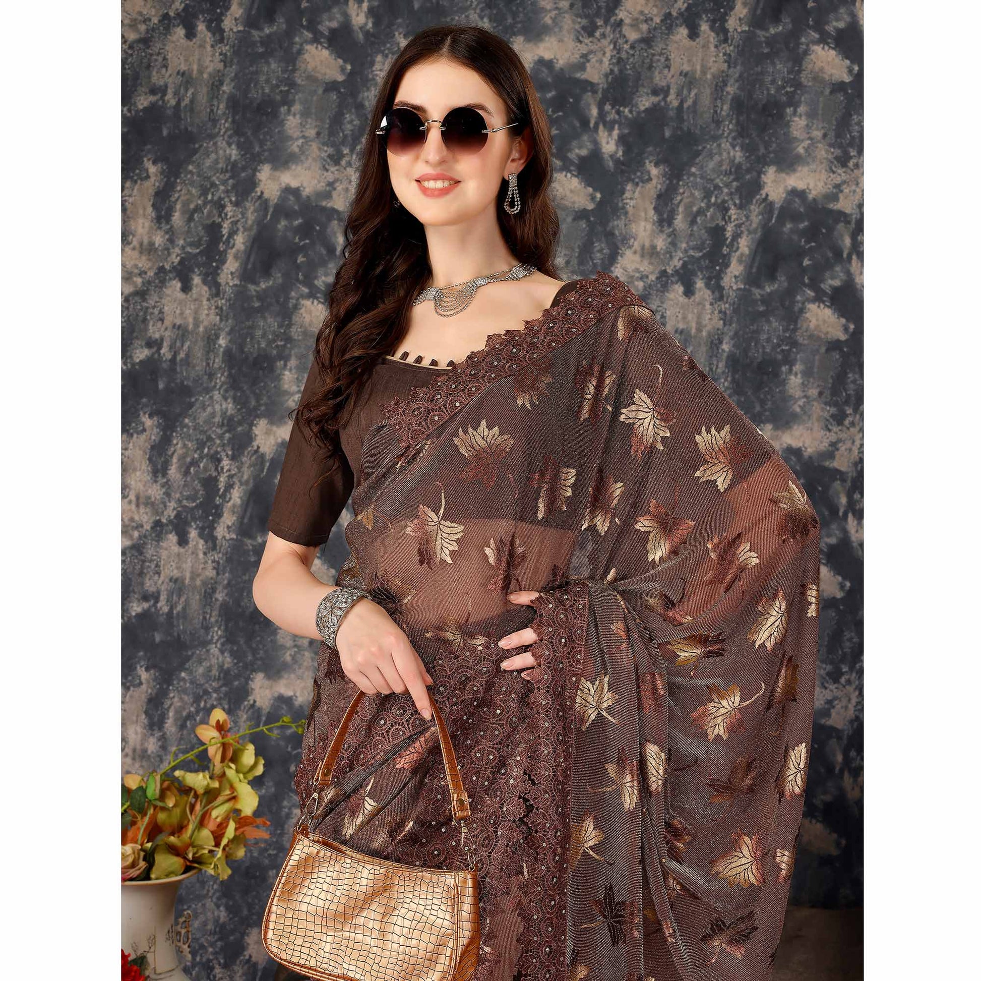 Brown Foil Printed Lycra Saree With Embroidered Lace Border