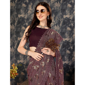 Dark Mauve Foil Printed Lycra Saree With Embroidered Lace Border