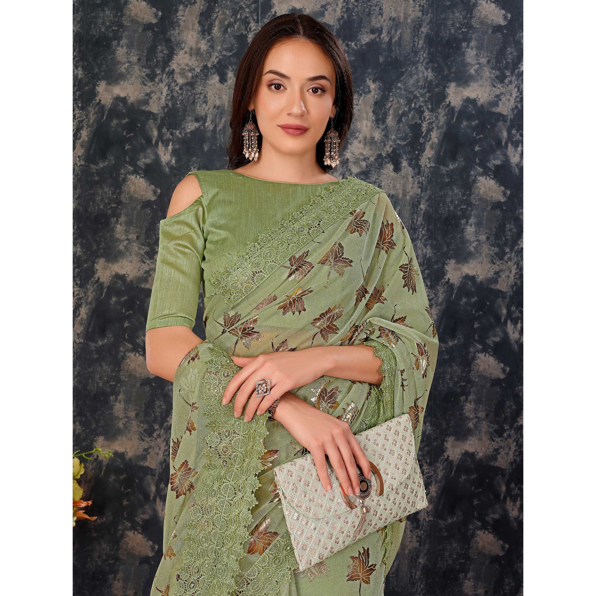 green-foil-printed-lycra-saree-with-embroidered-lace-border