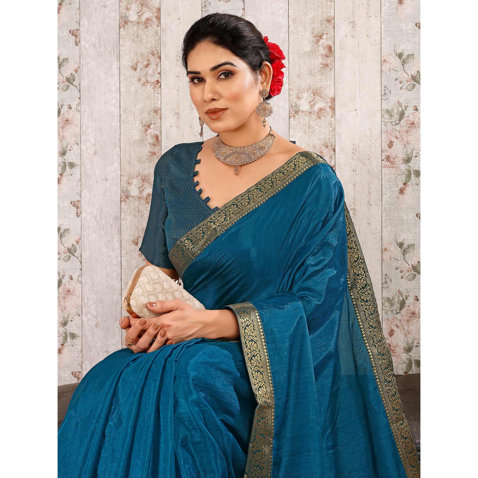 Morpich Floral Swarovski Work Vichitra Silk Saree With Lace Border