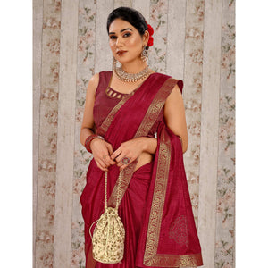 Maroon Floral Swarovski Work Vichitra Silk Saree With Lace Border