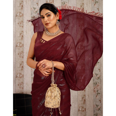 Maroon Swarovski Work Chiffon Saree With Tassels
