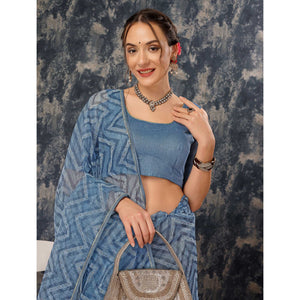 Greyish Blue Printed With Zari Work Cotton Silk Saree With Lace Border