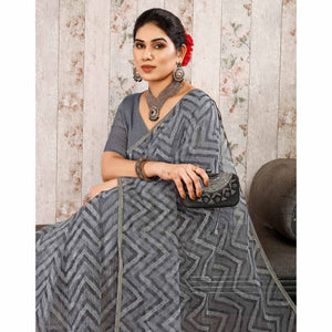 Grey Printed With Zari Work Cotton Silk Saree With Lace Border