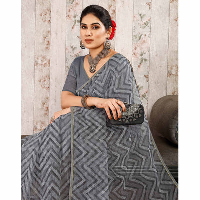Grey Printed With Zari Work Cotton Silk Saree With Lace Border