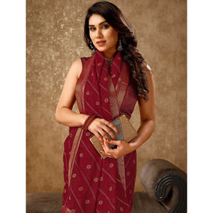 Maroon Floral Foil Printed Chiffon Saree With Lace Border