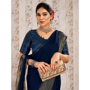 Blue Swarovski Work Chiffon Saree With Woven Border