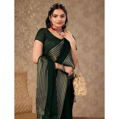 Bottle Green Swarovski Work Chiffon Saree With Woven Border