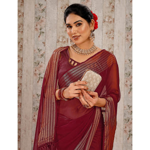 Maroon Swarovski Work Chiffon Saree With Woven Border